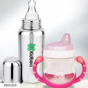 Stainless Steel Infant Baby Feeding Bottle with Pink Sipper soft pacifer